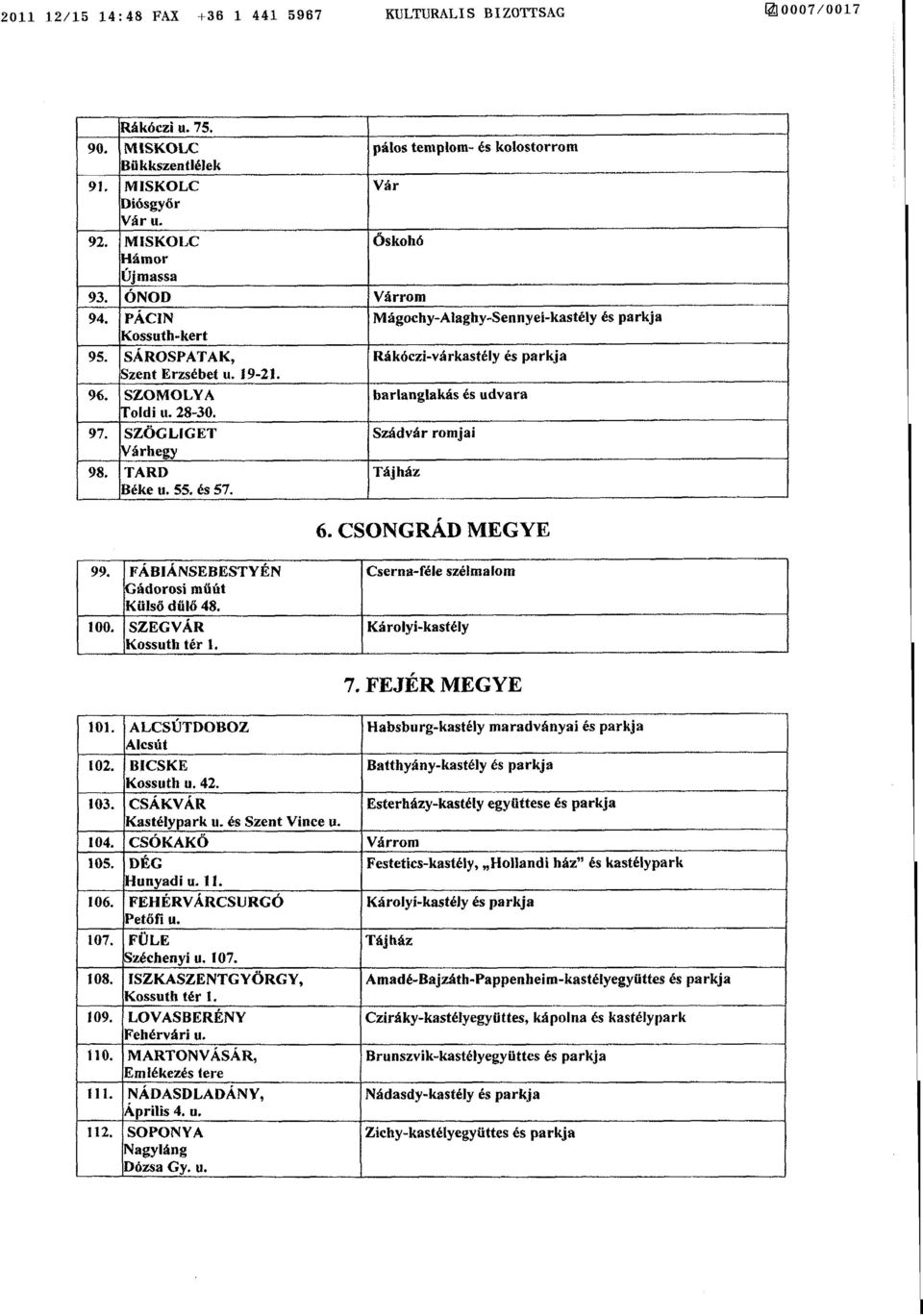 SZOMOLY A barlanglakás és udvara Toldi u. 28-30. 97. SZÖGLIGET Szádvár romja i Várhegy 98. TARD Béke u. 55. és 57. Tájhá z 6. CSONGRÁD MEGYE 99. FÁBIÁNSEBESTYÉ N Gádorosi müút Külső d ű lő 48. 100.