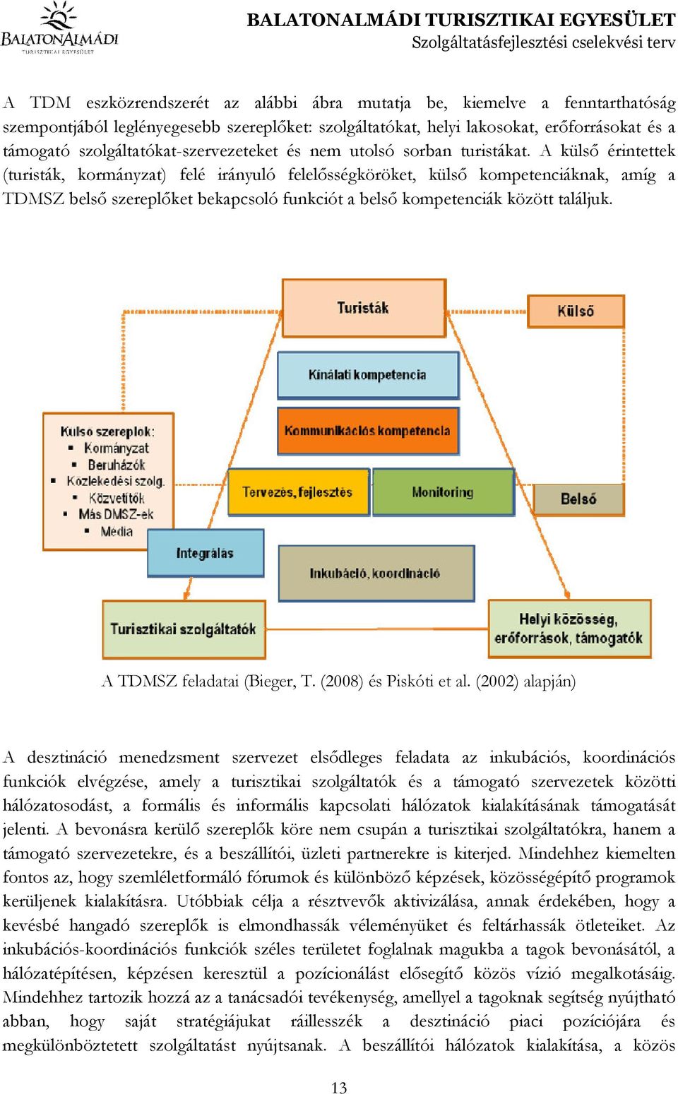 A külsı érintettek (turisták, kormányzat) felé irányuló felelısségköröket, külsı kompetenciáknak, amíg a TDMSZ belsı szereplıket bekapcsoló funkciót a belsı kompetenciák között találjuk.