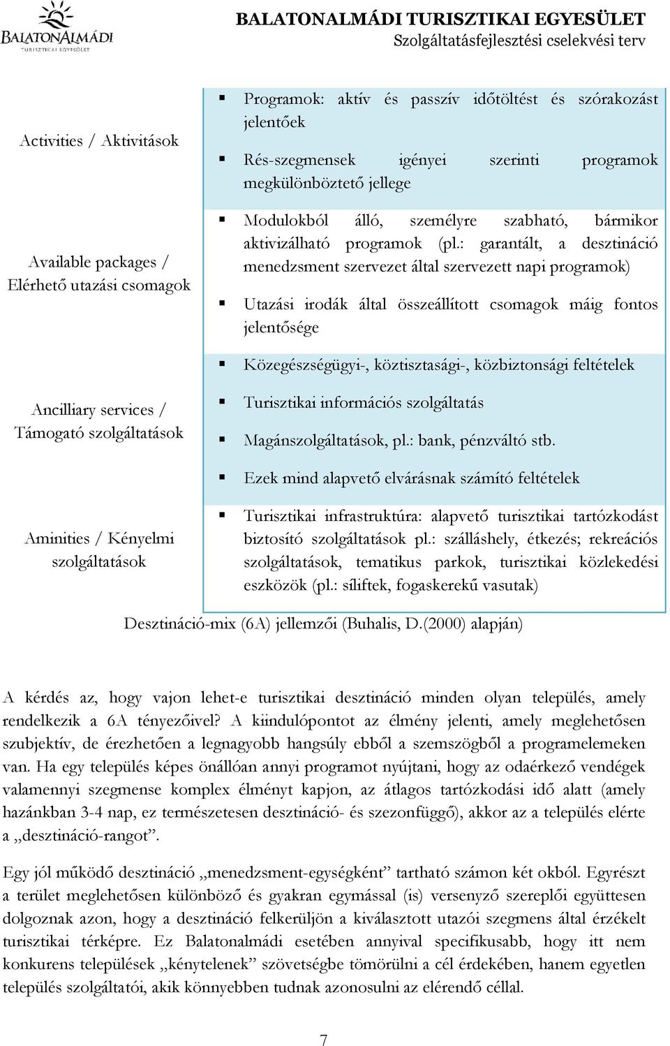 : garantált, a desztináció menedzsment szervezet által szervezett napi programok) Utazási irodák által összeállított csomagok máig fontos jelentısége Közegészségügyi-, köztisztasági-, közbiztonsági