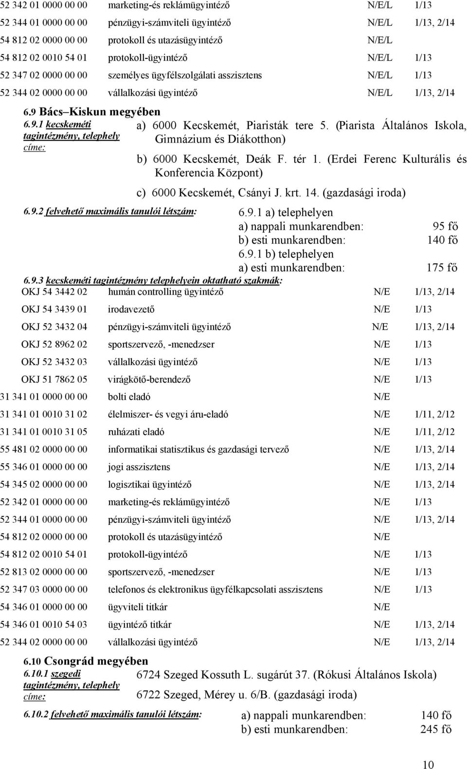 Bács Kiskun megyében 6.9.1 kecskeméti a) 6000 Kecskemét, Piaristák tere 5. (Piarista Általános Iskola, tagintézmény, telephely Gimnázium és Diákotthon) címe: b) 6000 Kecskemét, Deák F. tér 1.