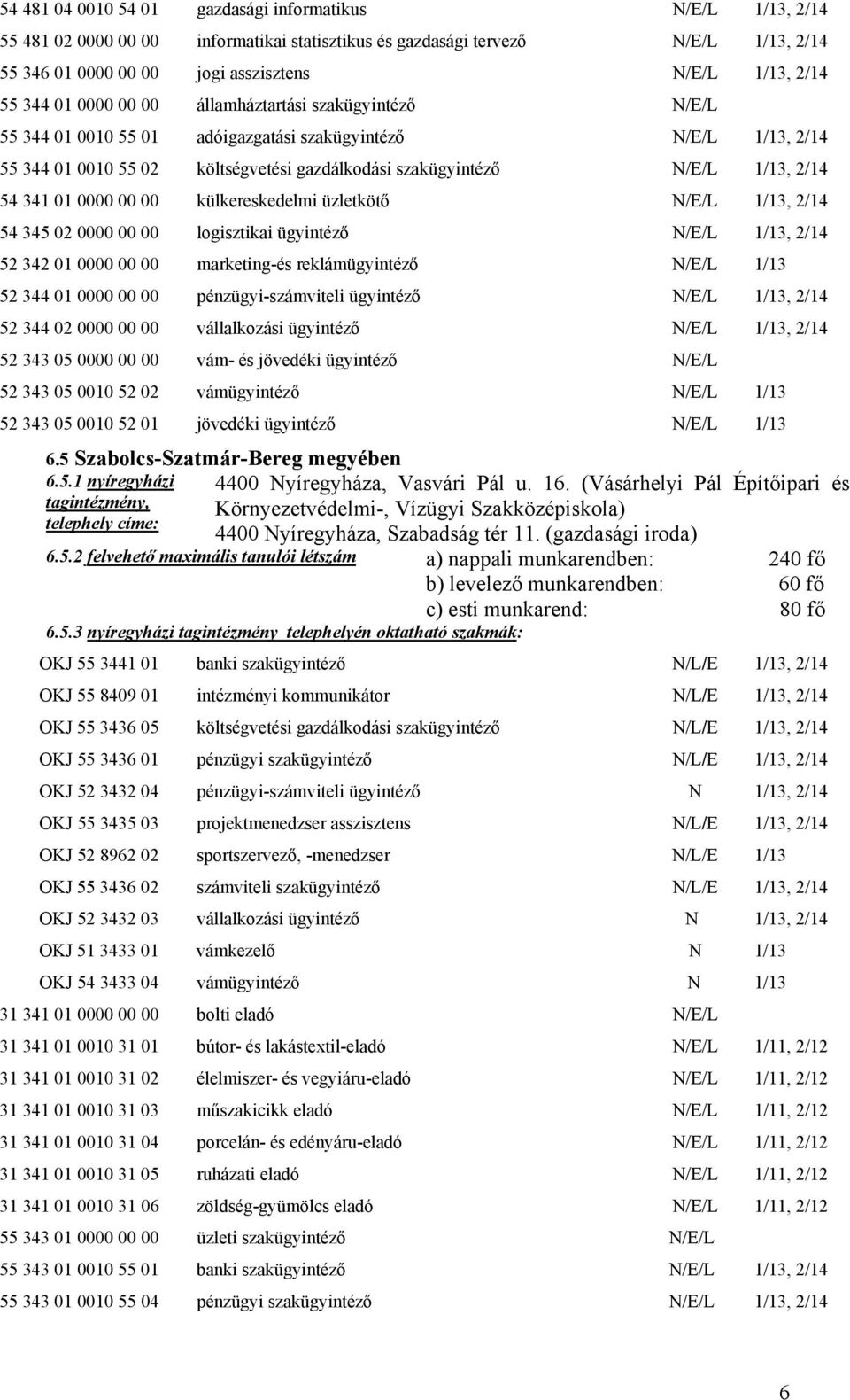 1/13, 2/14 54 341 01 0000 00 00 külkereskedelmi üzletkötő N/E/L 1/13, 2/14 54 345 02 0000 00 00 logisztikai ügyintéző N/E/L 1/13, 2/14 52 342 01 0000 00 00 marketing-és reklámügyintéző N/E/L 1/13 52