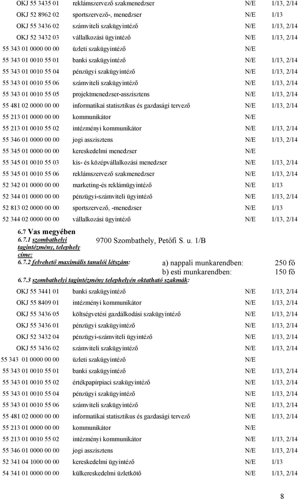 0010 55 06 számviteli szakügyintéző N/E 1/13, 2/14 55 343 01 0010 55 05 projektmenedzser-asszisztens N/E 1/13, 2/14 55 481 02 0000 00 00 informatikai statisztikus és gazdasági tervező N/E 1/13, 2/14