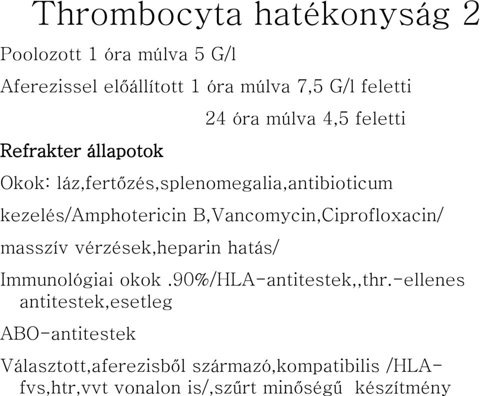 B,Vancomycin,Ciprofloxacin/ masszív vérzések,heparin hatás/ Immunológiai okok.90%/hla-antitestek,,thr.
