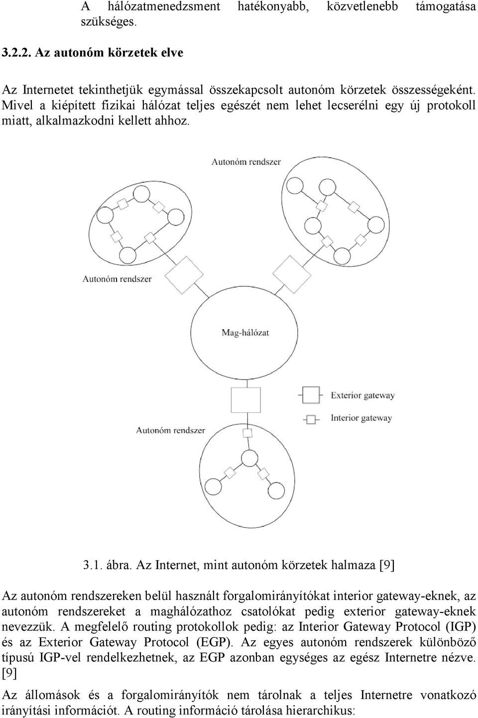 Az Internet, mint autonóm körzetek halmaza [9] Az autonóm rendszereken belül használt forgalomirányítókat interior gateway-eknek, az autonóm rendszereket a maghálózathoz csatolókat pedig exterior