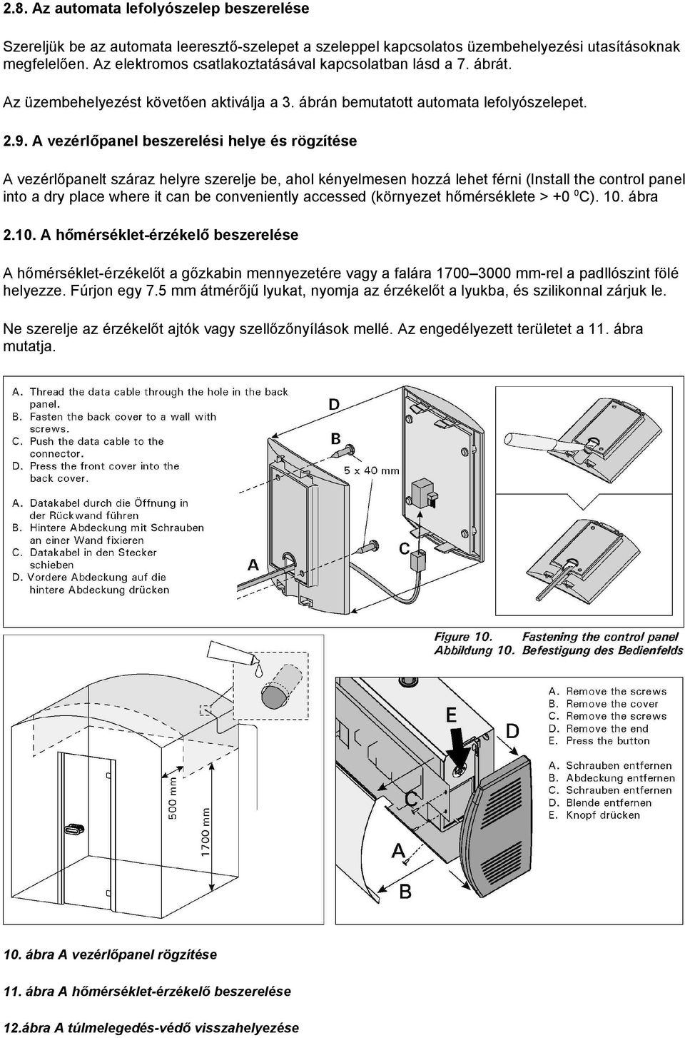 A vezérlőpanel beszerelési helye és rögzítése A vezérlőpanelt száraz helyre szerelje be, ahol kényelmesen hozzá lehet férni (Install the control panel into a dry place where it can be conveniently