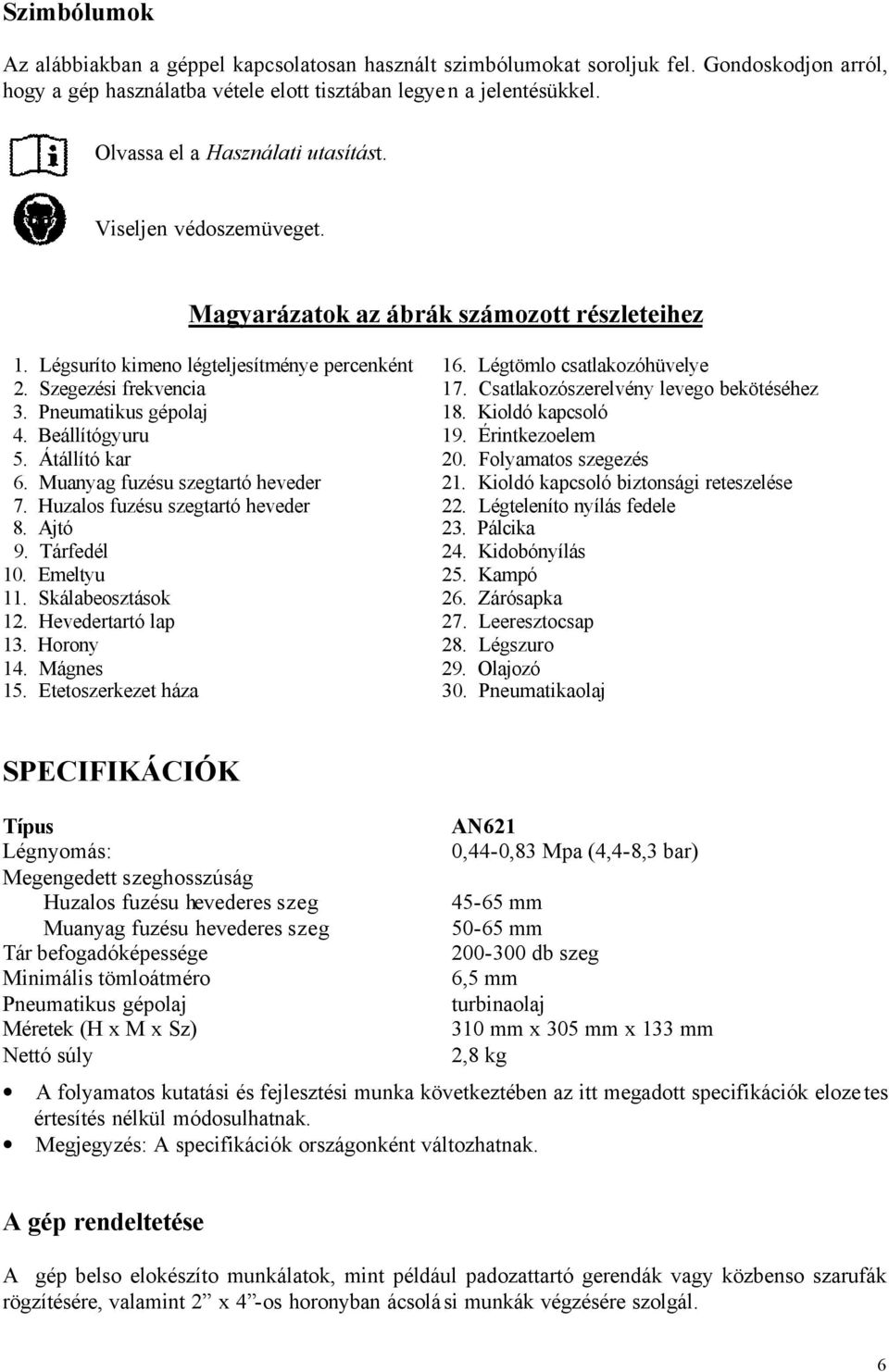 Szegezési frekvencia 17. Csatlakozószerelvény levego bekötéséhez 3. Pneumatikus gépolaj 18. Kioldó kapcsoló 4. Beállítógyuru 19. Érintkezoelem 5. Átállító kar 20. Folyamatos szegezés 6.