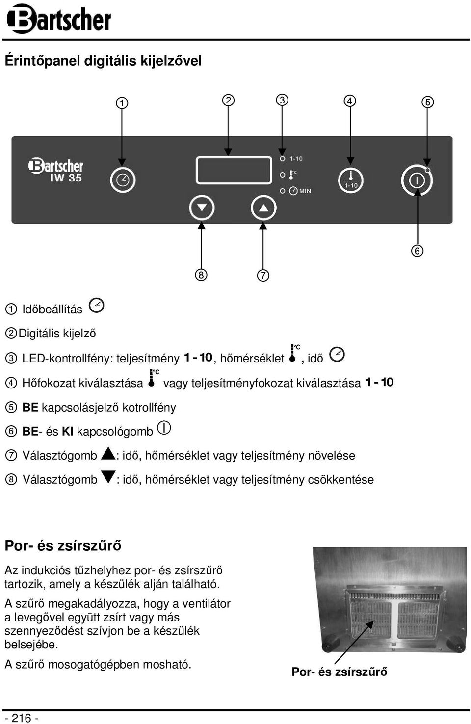 : idő, hőmérséklet vagy teljesítmény csökkentése Por- és zsírszűrő Az indukciós tűzhelyhez por- és zsírszűrő tartozik, amely a készülék alján található.