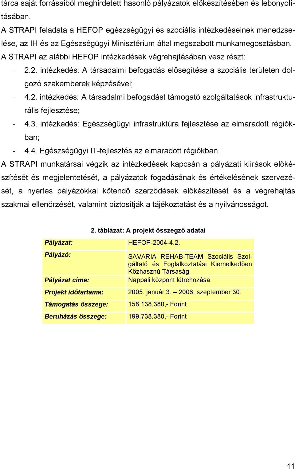 A STRAPI az alábbi HEFOP intézkedések végrehajtásában vesz részt: - 2.2. intézkedés: A társadalmi befogadás elősegítése a szociális területen dolgozó szakemberek képzésével; - 4.2. intézkedés: A társadalmi befogadást támogató szolgáltatások infrastrukturális fejlesztése; - 4.