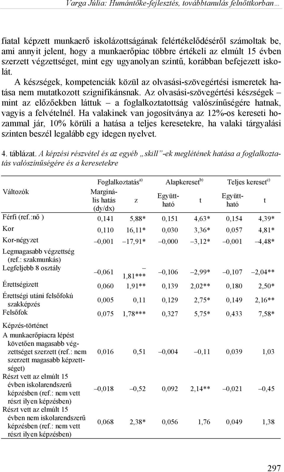 Az olvasási-szövegértési készségek mint az előzőekben láttuk a foglalkoztatottság valószínűségére hatnak, vagyis a felvételnél.