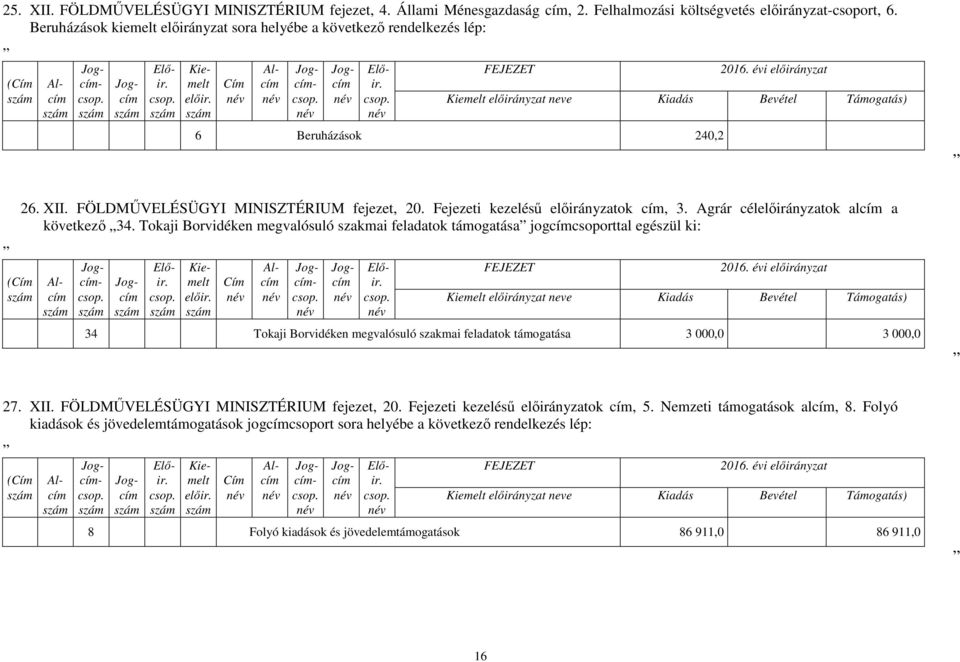 FÖLDMŰVELÉSÜGYI MINISZTÉRIUM fejezet, 20. Fejezeti kezelésű előirányzatok, 3. Agrár célelőirányzatok al a következő 34.