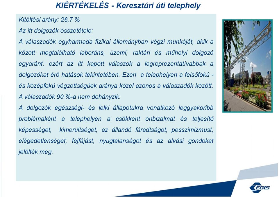 Ezen a telephelyen a felsőfokú - és középfokú végzettségűek aránya közel azonos a válaszadók között. A válaszadók 90 %-a nem dohányzik.