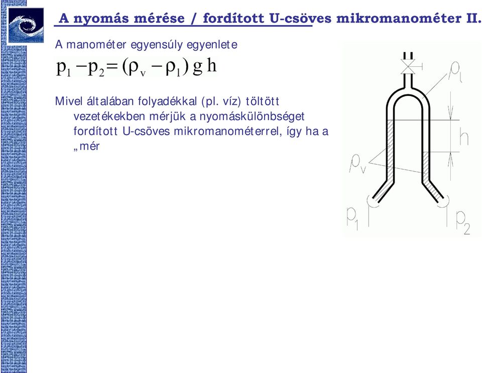 íz) töltött ezetékekben mérjük a nyomáskülönbséget fordított U-csöes
