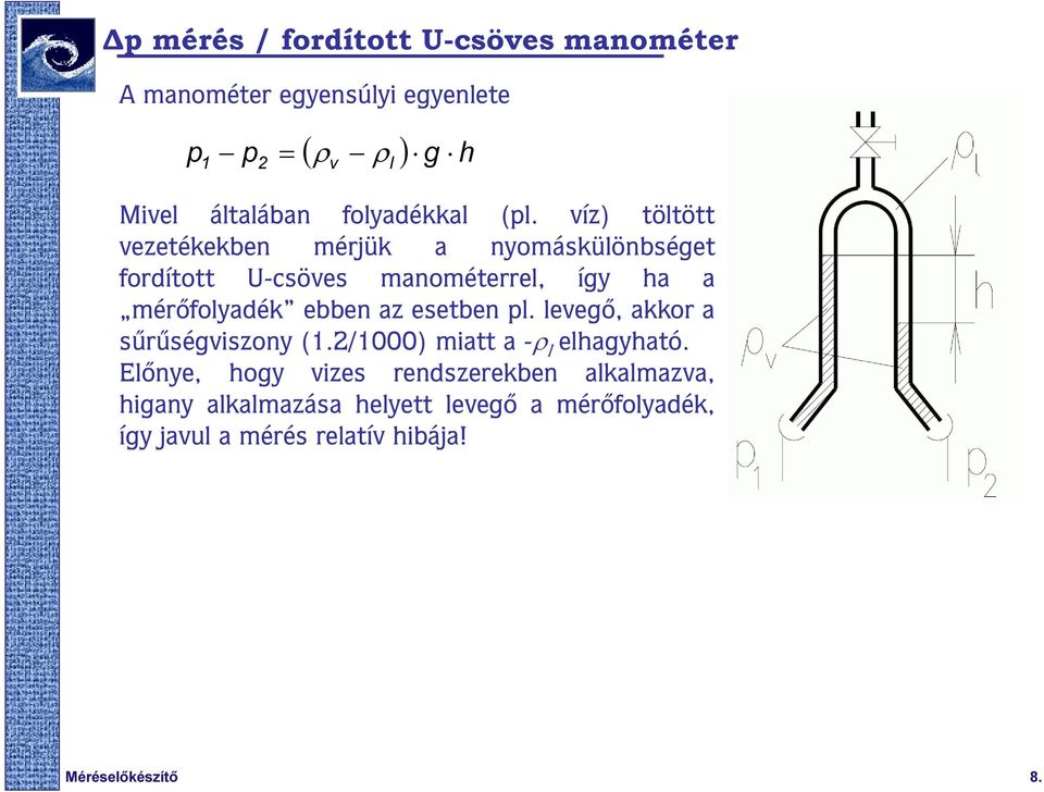 íz) töltött ezetékekben mérjük a nyomáskülönbséget fordított U-csöes manométerrel, így ha a mérőfolyadék ebben