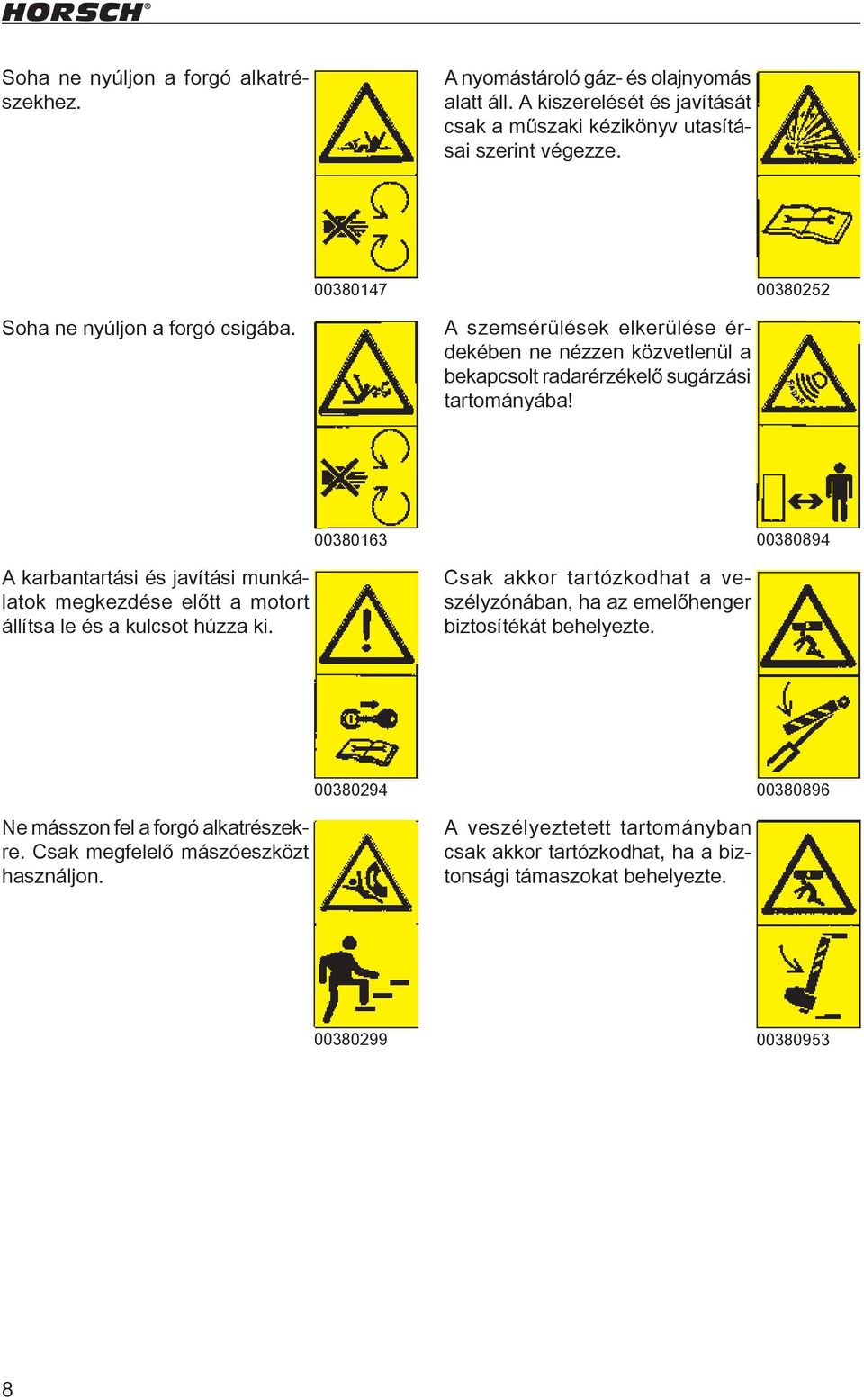 00380163 00380894 A karbantartási és javítási munkálatok megkezdése előtt a motort állítsa le és a kulcsot húzza ki.