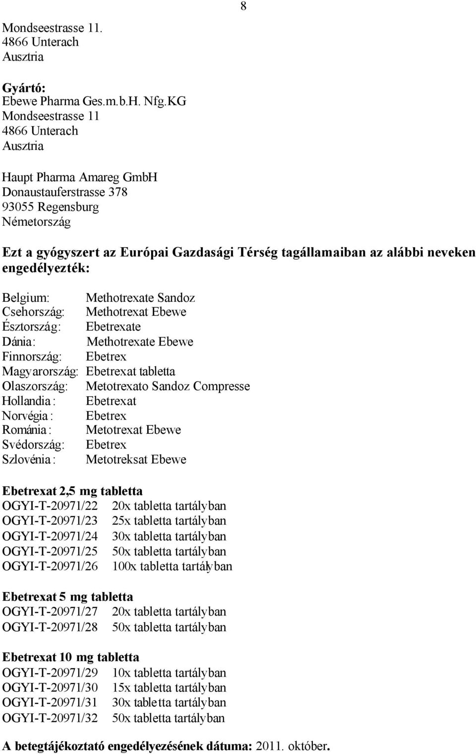 engedélyezték: Belgium: Methotrexate Sandoz Csehország: Methotrexat Ebewe Észtország: Ebetrexate Dánia: Methotrexate Ebewe Finnország: Ebetrex Magyarország: Ebetrexat tabletta Olaszország: