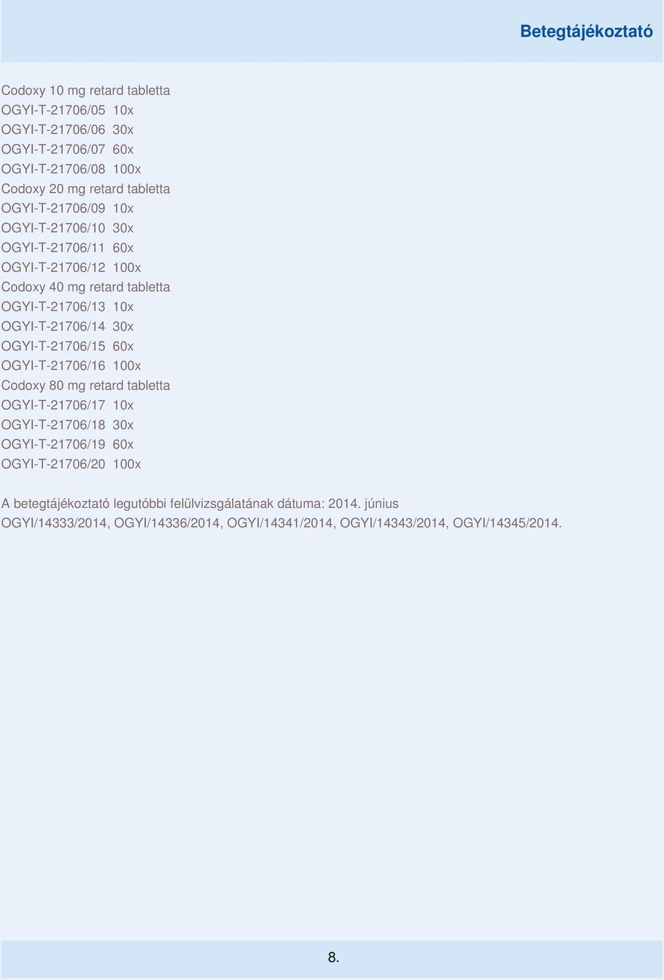 30x OGYI-T-21706/15 60x OGYI-T-21706/16 100x Codoxy 80 mg retard tabletta OGYI-T-21706/17 10x OGYI-T-21706/18 30x OGYI-T-21706/19 60x