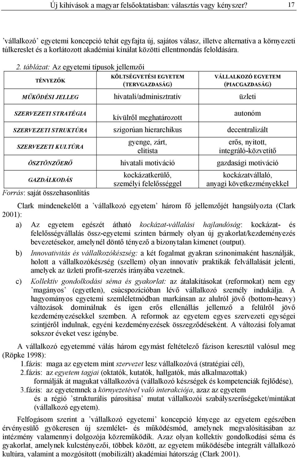 táblázat: Az egyetemi típusok jellemzői TÉNYEZŐK KÖLTSÉGVETÉSI EGYETEM (TERVGAZDASÁG) VÁLLALKOZÓ EGYETEM (PIACGAZDASÁG) MŰKÖDÉSI JELLEG hivatali/adminisztratív üzleti SZERVEZETI STRATÉGIA kívülről