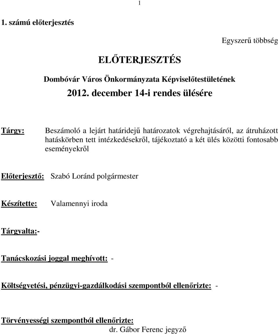 intézkedésekről, tájékoztató a két ülés közötti fontosabb eseményekről Előterjesztő: Szabó Loránd polgármester Készítette: Valamennyi