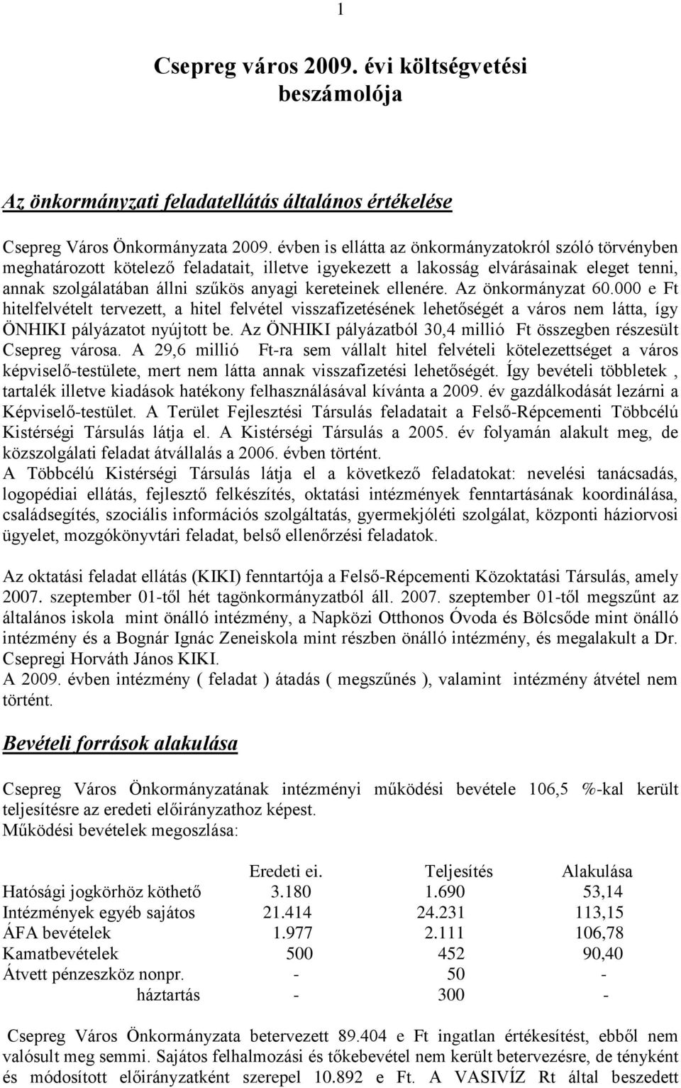 ellenére. Az önkormányzat 60.000 e Ft hitelfelvételt tervezett, a hitel felvétel visszafizetésének lehetőségét a város nem látta, így ÖNHIKI pályázatot nyújtott be.