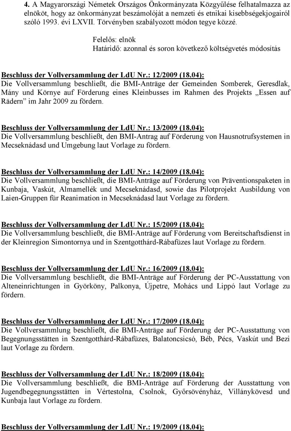 04): Die Vollversammlung beschließt, die BMI-Anträge der Gemeinden Somberek, Geresdlak, Mány und Környe auf Förderung eines Kleinbusses im Rahmen des Projekts Essen auf Rädern im Jahr 2009 zu fördern.