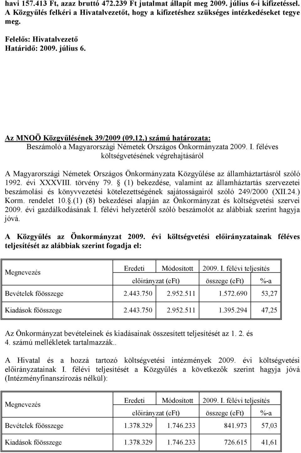 féléves költségvetésének végrehajtásáról A Magyarországi Németek Országos Önkormányzata Közgyőlése az államháztartásról szóló 1992. évi XXXVIII. törvény 79.