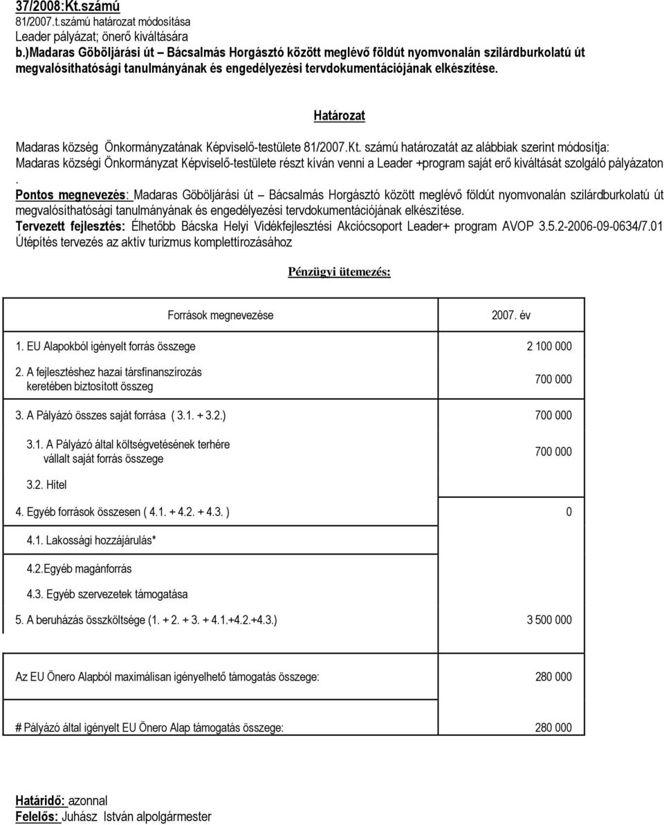 Madaras község Önkormányzatának Képviselő-testülete 81/2007.Kt.