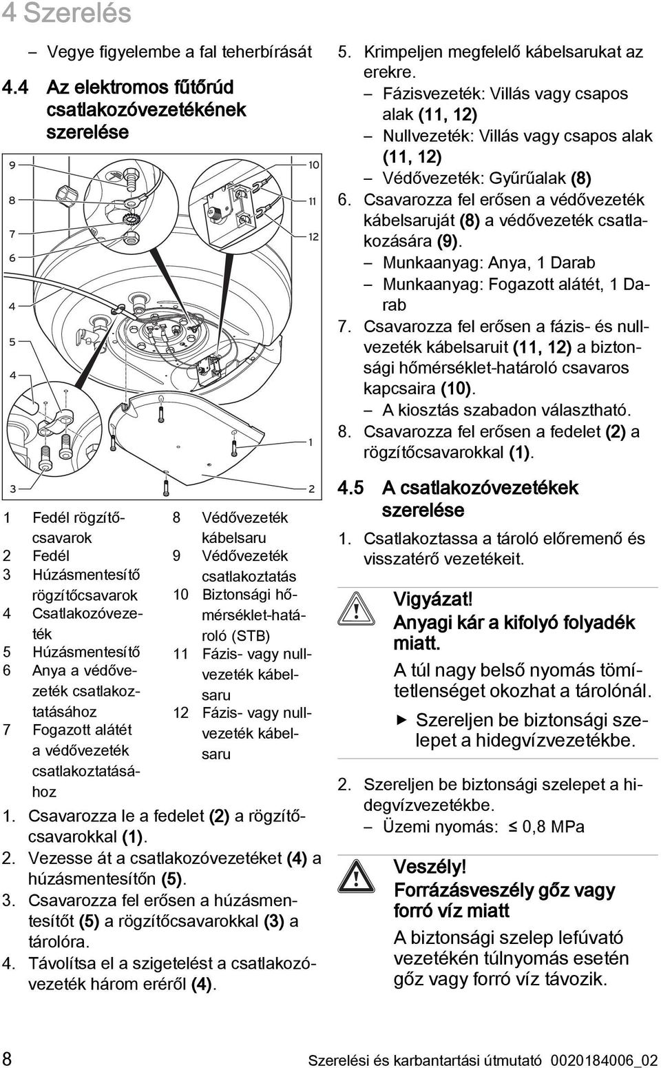 csatlakoztatásához 7 Fogazott alátét a védővezeték csatlakoztatásához 8 Védővezeték kábelsaru 9 Védővezeték csatlakoztatás 10 Biztonsági hőmérséklet-határoló (STB) 11 Fázis- vagy nullvezeték