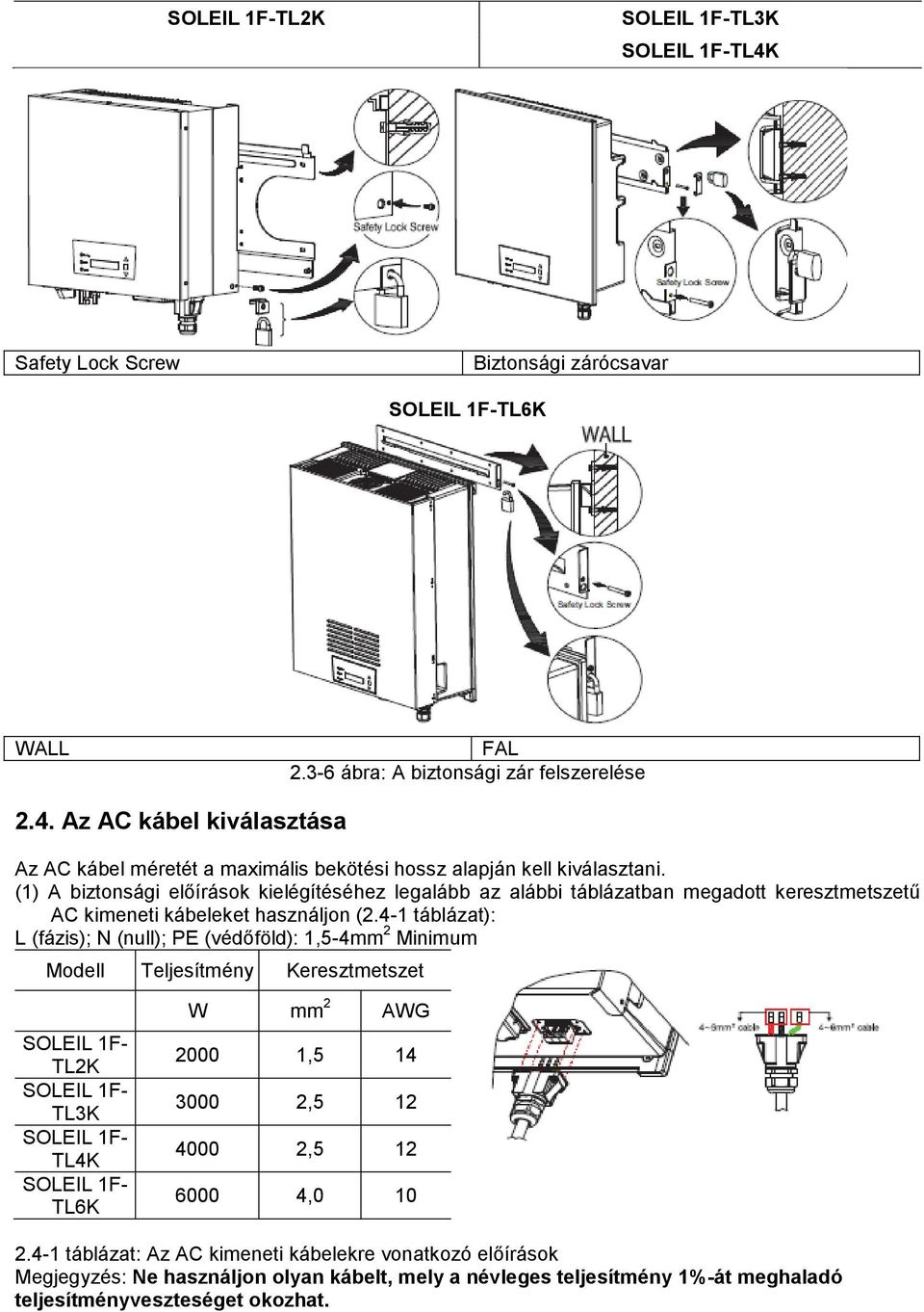 4-1 táblázat): L (fázis); N (null); PE (védőföld): 1,5-4mm 2 Minimum Modell Teljesítmény Keresztmetszet SOLEIL 1F- TL2K SOLEIL 1F- TL3K SOLEIL 1F- TL4K SOLEIL 1F- TL6K W mm 2 AWG 2000 1,5 14 3000