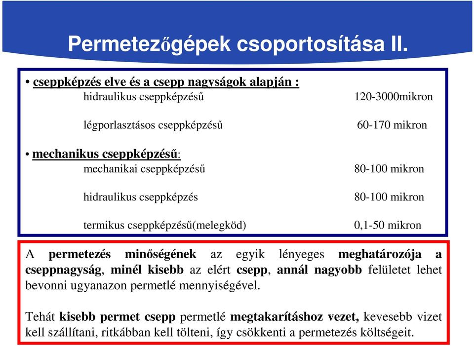 hidraulikus cseppképzés termikus cseppképzésű(melegköd) 120-3000mikron 60-170 mikron 80-100 mikron 80-100 mikron 0,1-50 mikron A permetezés minőségének az