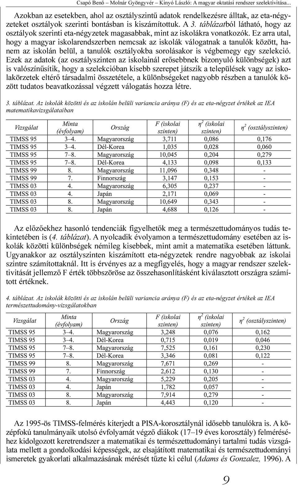 táblázatból látható, hogy az osztályok szerinti eta-négyzetek magasabbak, mint az iskolákra vonatkozók.