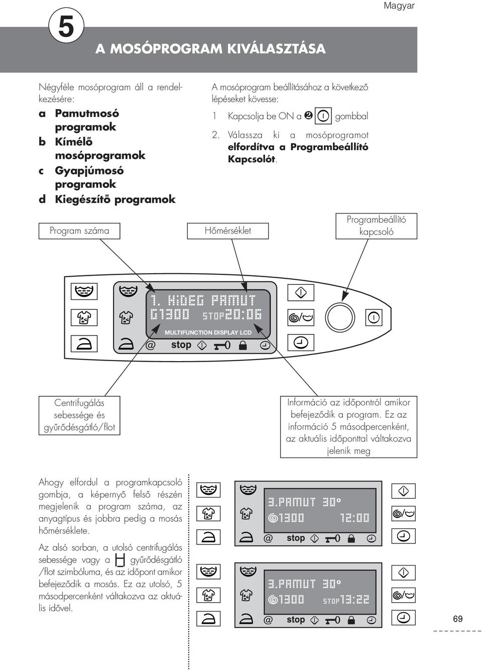 hideg pamut g1300 stop20:06 MULTIFUNCTION DISPLAY LCD Centrifugálás sebessége és gyűrődésgátló/flot Információ az időpontról amikor befejeződik a program.