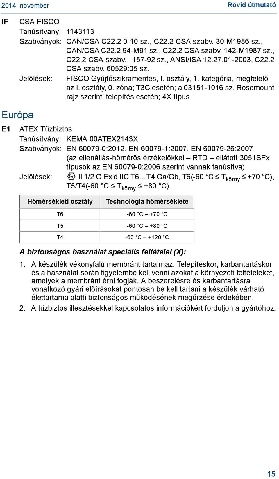Rosemount rajz szerinti telepítés esetén; 4X típus Európa E1 ATEX Tűzbiztos Tanúsítvány: KEMA 00ATEX2143X Szabványok: EN 60079-0:2012, EN 60079-1:2007, EN 60079-26:2007 (az ellenállás-hőmérős
