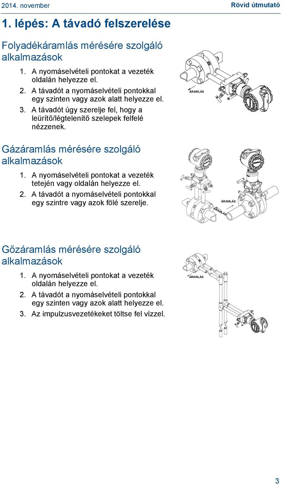 ÁRAMLÁS Gázáramlás mérésére szolgáló alkalmazások 1. A nyomáselvételi pontokat a vezeték tetején vagy oldalán helyezze el. 2.