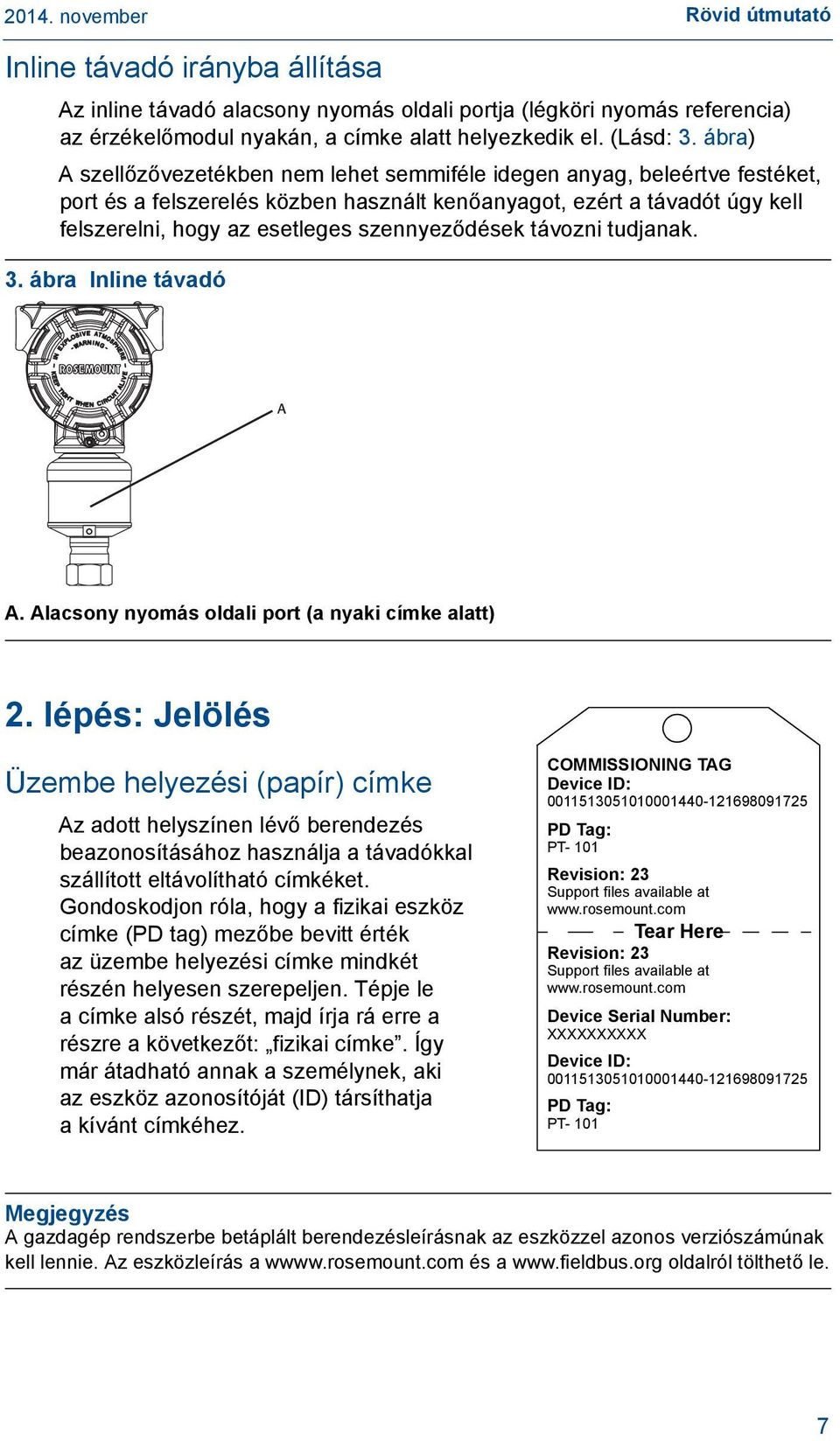 szennyeződések távozni tudjanak. 3. ábra Inline távadó A A. Alacsony nyomás oldali port (a nyaki címke alatt) 2.