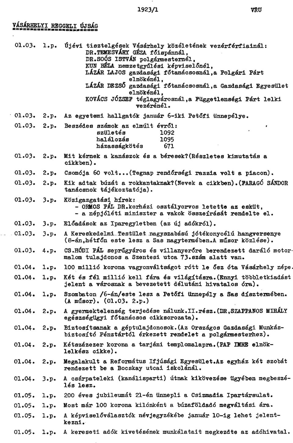 KOVÁCS JÓZSEF téglagyárosnál,a Függetlenségi Párt lelki vezérénél. 01.03. 2.p. Az egyetemi hallgatók január 6-iki Petőfi ünnepélye. 01.03. 2.p. Beszédes számok az elmúlt évről: születés 1092 halálozás 1095 házasságkötés 671 01.