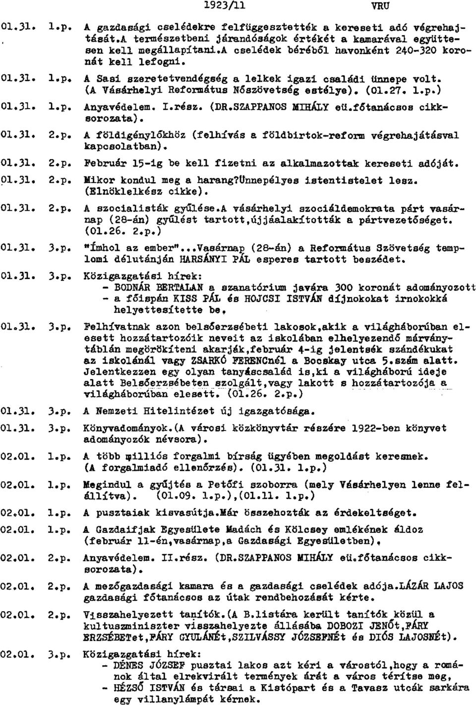 I.rész. (DR.SZAPPANOS MIHÁLY eü.főtanácsos cikk sorozata). 01.31. 2.p. A földigénylőkhöz (felhívás a földbirtok-reform végrehajátásval kapcsolatban). 01.31. 2.p. Február 15-ig be kell fizetni az alkalmazottak kereseti adóját.
