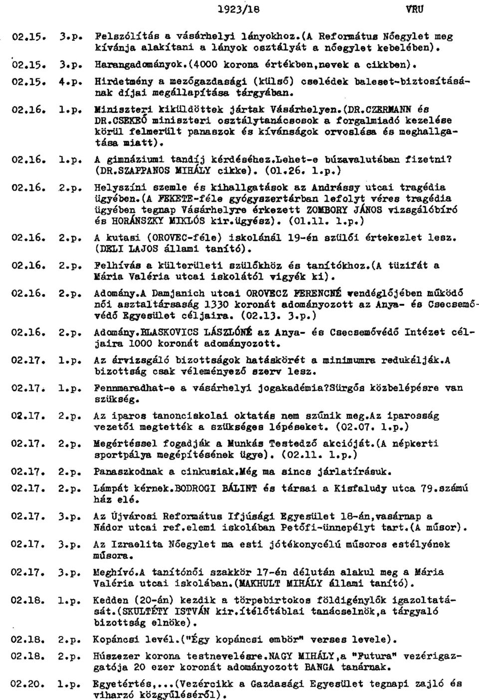 (DR.CZERMANN és DR.CSEKEŐ miniszteri osztálytanácsosok a forgalmiadé kezelése körül felmerült panaszok és kívánságok orvoslása és meghallga tása miatt). 02.16. l.p. A gimnáziumi tandíj kérdéséhez.