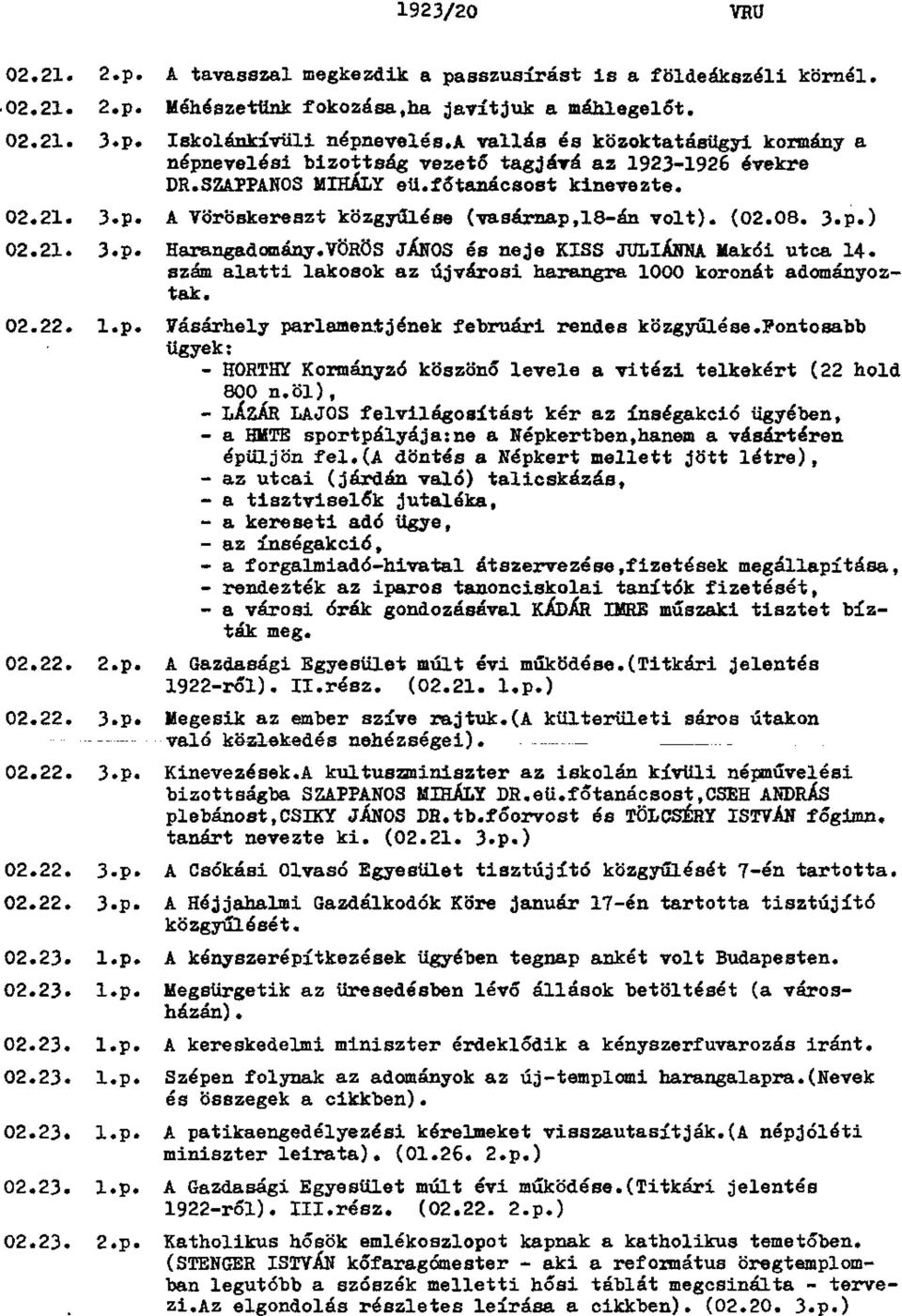 (02.08. 3.p.) 02.21. 3.p. Harangadomány.VÖRÖS JÁNOS és neje KISS JULIANNA Makói utca 14. szám alatti lakosok az újvárosi harangra 1000 koronát adományoz tak. 02.22. l.p. Vásárhely parlamentjének februári rendes közgyűlése.