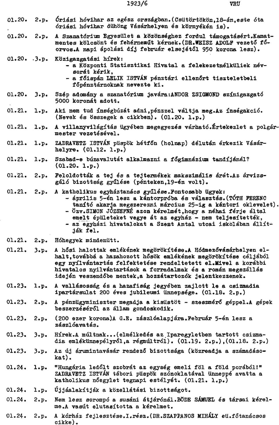ápolási díj február elsejétől 950 korona lesz). 01.20. -3.p. Közigazgatási hírek: - a Központi Statisztikai Hivatal a felekezetnélküliek név sorát kérik, - a főispán LELIK ISTVÁN pénztári ellenőrt tiszteletbeli főpénztárnoknak nevezte ki.