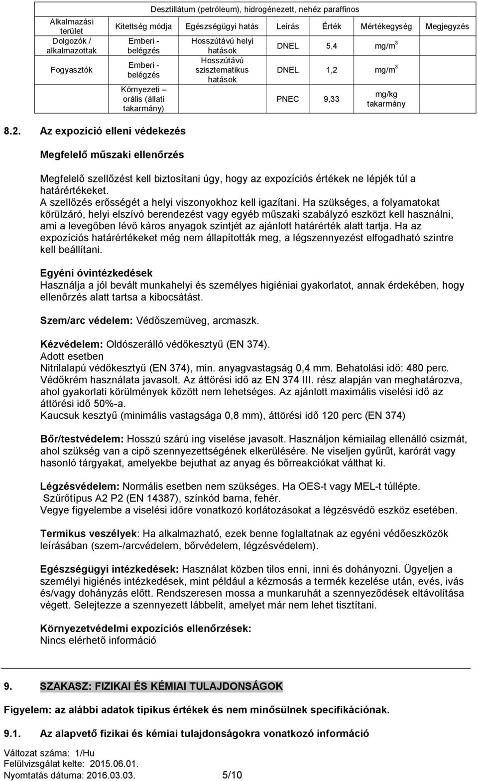 mg/m 3 PNEC 9,33 mg/kg takarmány 8.2. Az expozíció elleni védekezés Megfelelő műszaki ellenőrzés Megfelelő szellőzést kell biztosítani úgy, hogy az expozíciós értékek ne lépjék túl a határértékeket.