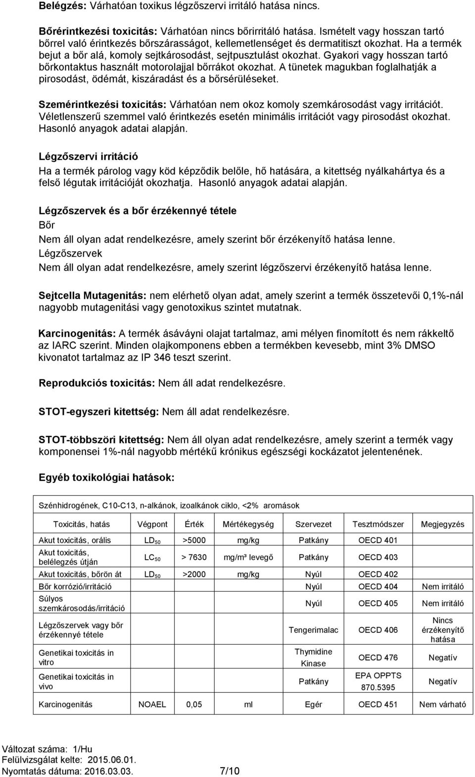 Gyakori vagy hosszan tartó bőrkontaktus használt motorolajjal bőrrákot okozhat. A tünetek magukban foglalhatják a pirosodást, ödémát, kiszáradást és a bőrsérüléseket.