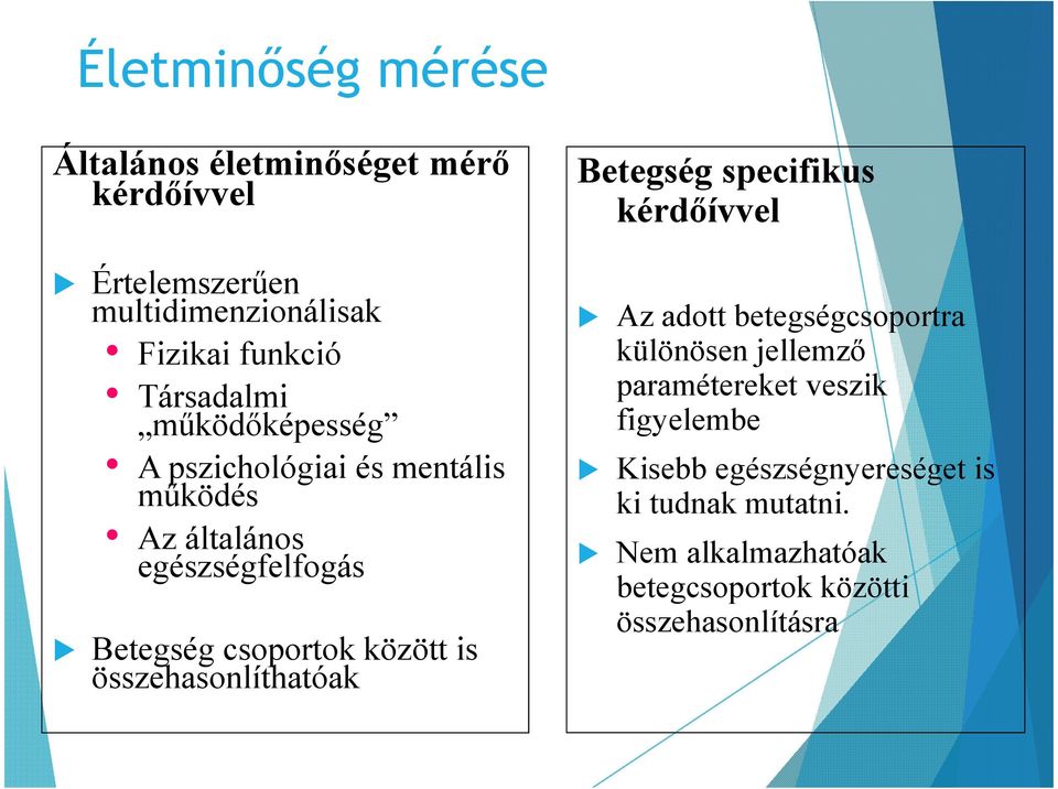 között is összehasonlíthatóak Betegség specifikus kérdőívvel Az adott betegségcsoportra különösen jellemző