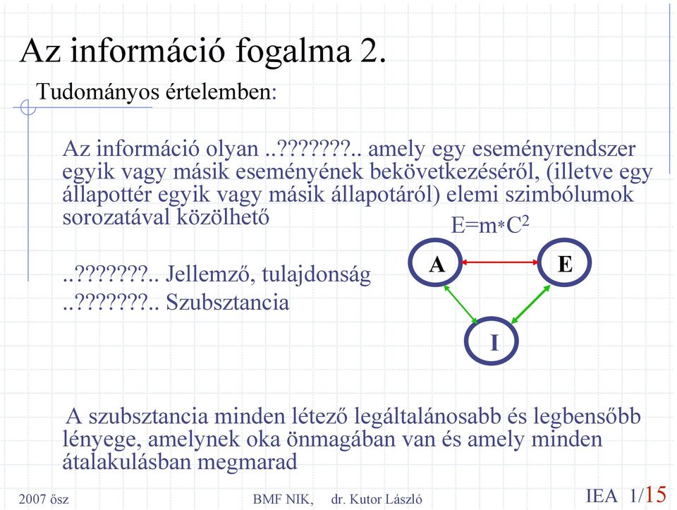 vagy másik állapotáról) elemi szimbólumok sorozatával közölhető E=m*C 2..???????.. Jellemző, tulajdonság.