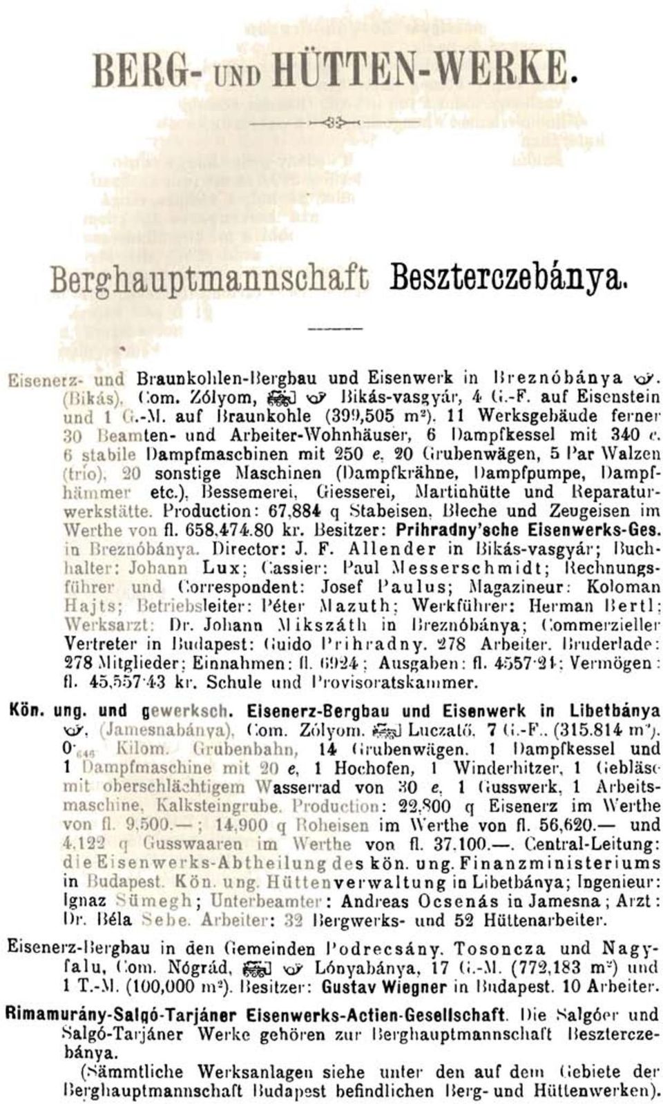 20 Grubenwägen, 5 Par Walzen (trio). 20 sonstige Maschinen (Dampfkrähne, Dampfpumpe, Dampfhämmer etc.), Bessemerei, Giesserei, Martinhütte und Beparaturwerkstätte.