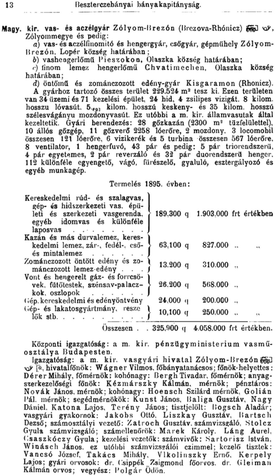 Olaszka község határában; r) íinom lemez hengerlőmű. Ghvatimechen, Olaszka község határában; d) öntőmű és zománczozott edény-gyár Kisgaramon (Rhonicz).