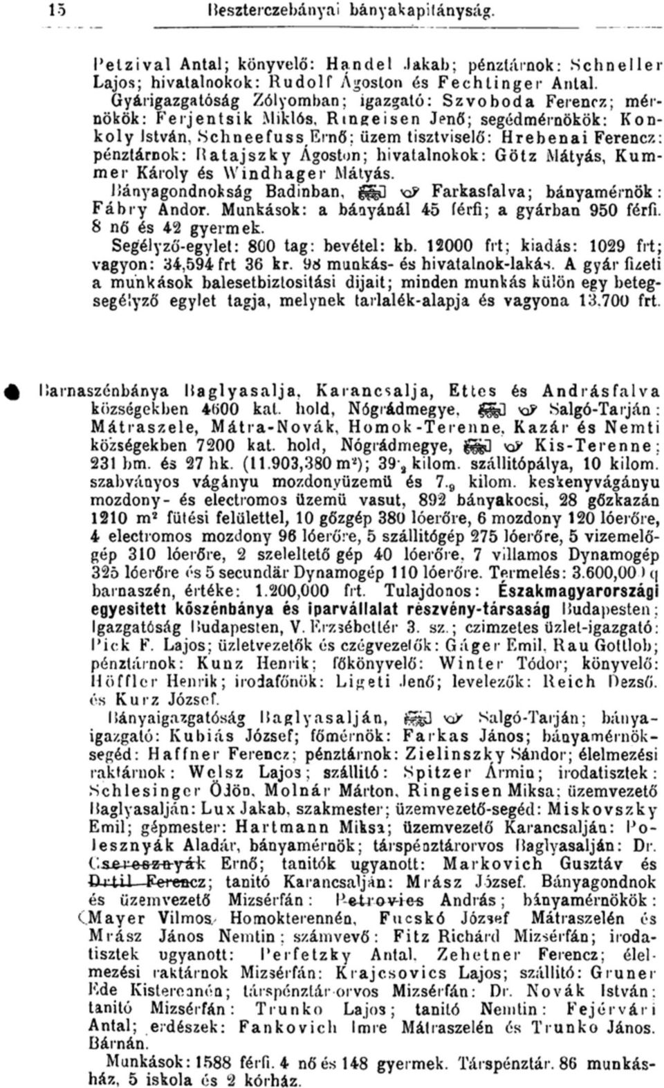 Ratajszky Ágoston; hivatalnokok: Götz Mátyás, Kummer Károly és Wind hager Mátyás. Rányagondnokság Badinban, Farkasfalva; bányamérnök: Fábry Andor. Munkások: a báayánál 45 férfi; a gyárban 950 férfi.