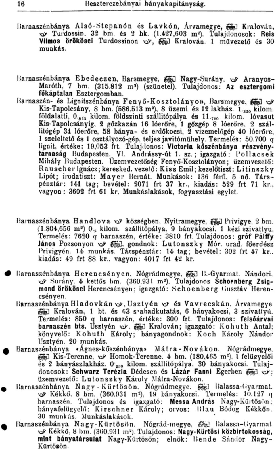 Tulajdonos: Az esztergomi főkáptalan Esztergomban. Barnaszén- és Lignitszénbánya Fenyó'-Kosztolányon, Barsmegye, g gű ^ Kis-Tapolcsány, 8 bm. (586,513 m 2 ), 8 üzemi és 12 lakház. 1. 320 kilom.