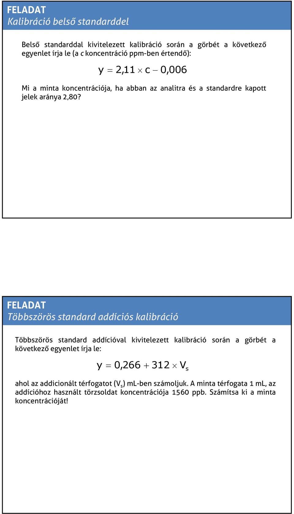 FELADAT Többszörös standard addíciós kalibráció Többszörös standard addícióval kivitelezett kalibráció során a görbét a következő egyenlet írja le: