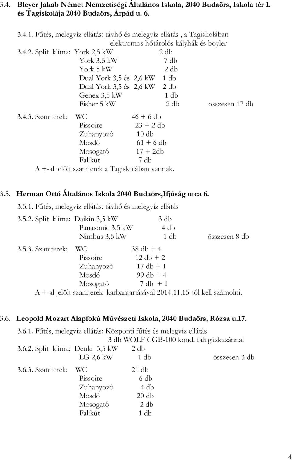 3.5. Herman Ottó Általános Iskola 2040 Budaörs,Ifjúság utca 6. 3.5.1. Fűtés, melegvíz ellátás: távhő és melegvíz ellátás 3.5.2. Split klíma: Daikin 3,5 kw 3 db Panasonic 3,5 kw 4 db Nimbus 3,5 kw 1 db összesen 8 db 3.