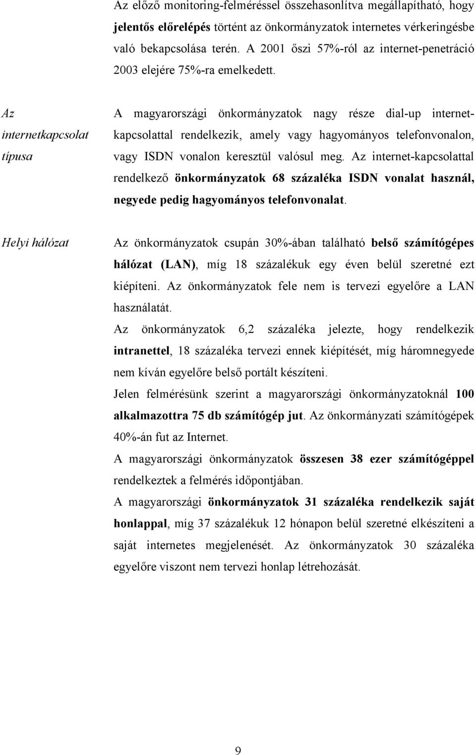 Az internetkapcsolat típusa A magyarországi önkormányzatok nagy része dial-up internetkapcsolattal rendelkezik, amely vagy hagyományos telefonvonalon, vagy ISDN vonalon keresztül valósul meg.